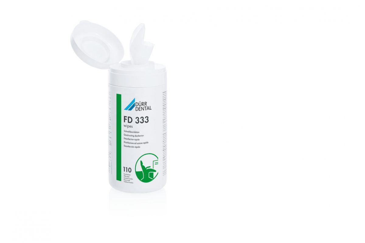 Gebrauchsfertige FD 333 Desinfektionstücher in geöffneter Dose mit grünem Label.