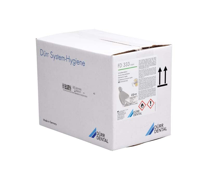 Weißer Karton der FD 333 Wipes Nachfüllbeutel von Dürr Dental.