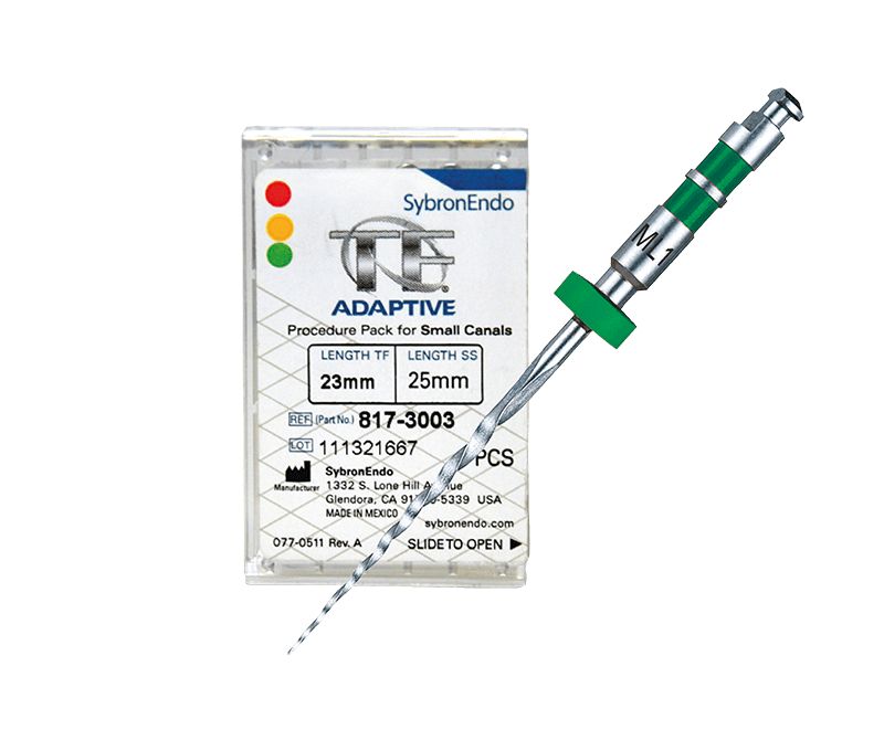 SybronEndo TF® Adaptive Feilen Sortiment mit K-Feilen und Verpackung.