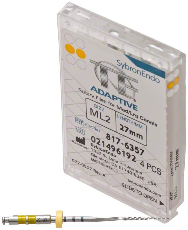 Endodontische Feile SybronEndo TF® Adaptive ML2 mit Verpackung und farbcodiertem Griff.