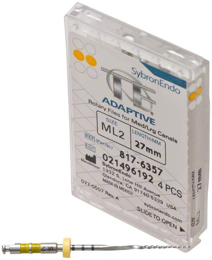 Endodontische Feile SybronEndo TF® Adaptive ML2 mit Verpackung und farbcodiertem Griff.