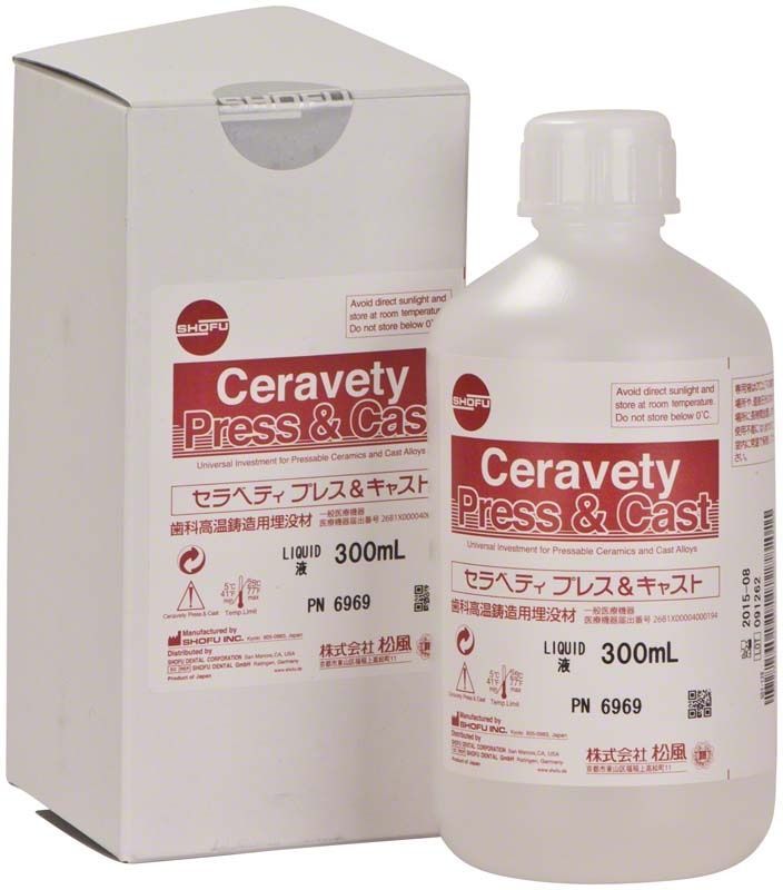 Ceravety Press & Cast Liquid 300ml Flasche und Verpackung für Dentalanwendungen.