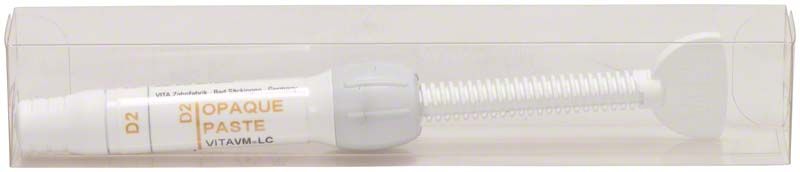 Spritze VITA VM® LC Opaque Paste D2 in transparenter Verpackung.
