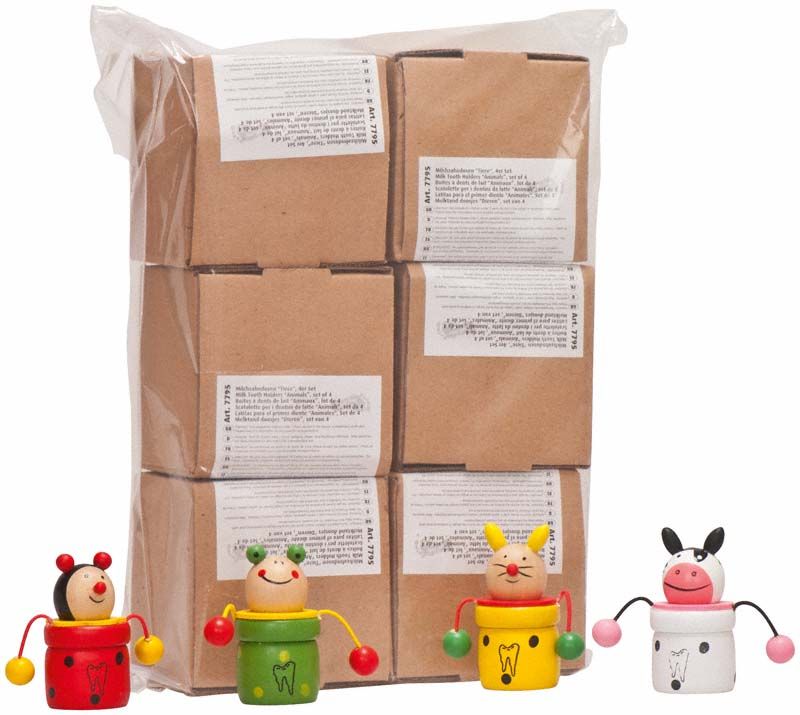 Zahnbehälter Tiere mit Tiermotiven und Verpackung im Hintergrund.
