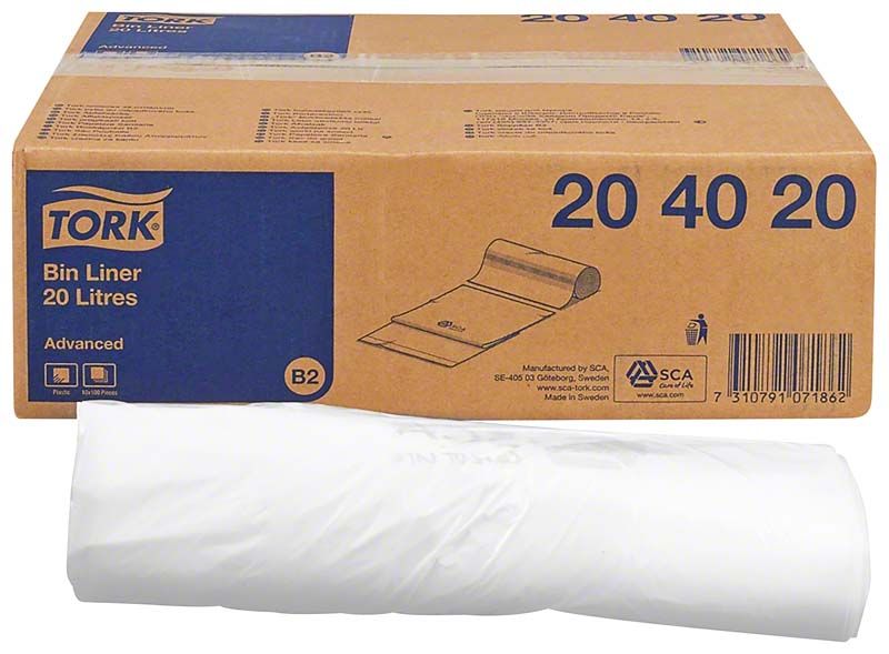 Tork Advanced Abfallsäcke 20l Verpackung mit weißer Müllbeutelrolle.