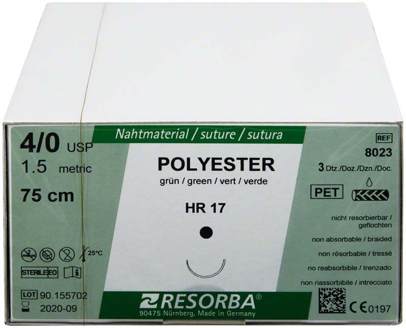 Nahtmaterial RESORBA® Polyester HR17 4/0, 75cm, 36er Packung.