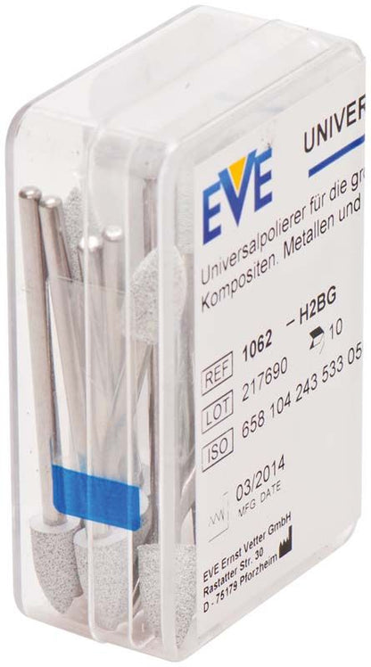 Transparente Kunststoffverpackung mit mehreren weißen Schleifaufsätzen und Metallstielen.