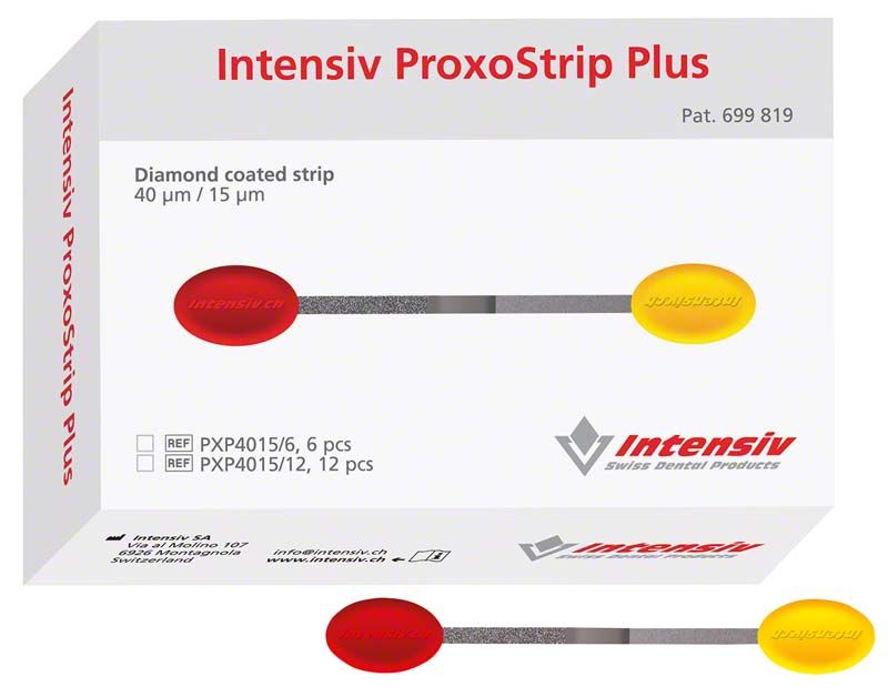 Intensiv ProxoStrip Plus Finier- und Polierstreifen in Produktverpackung.