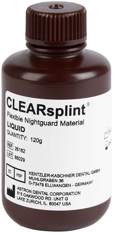 Braune Flasche CLEARsplint Flüssigkeit, 120g, für Aufbissschienen.