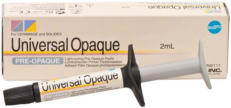Universal Opaque Pre-Opaque Paste in Spritze neben Verpackung.