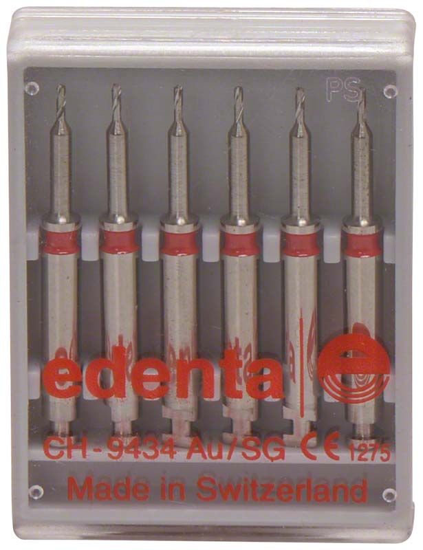 Sechs Retopin Vorbohrer rot in transparenter Verpackung für Dentaltechnik.