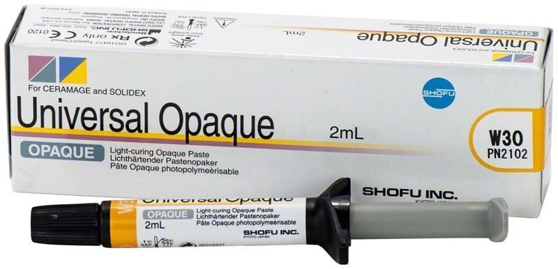 Verpackung und Spritze der Universal Opaque W3O Paste, 2 mL.