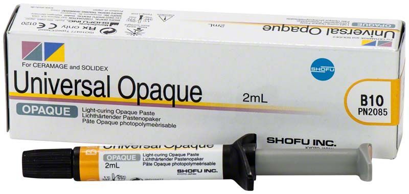 Lichthärtender Pastenopaker Universal Opaque B1O in 2 mL Spritze, mit Verpackung.