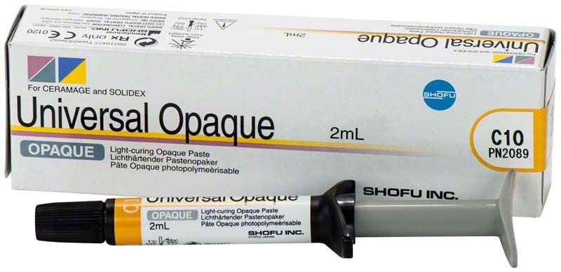 Lichthärtender Pastenopaker "Universal Opaque C1O" in 2ml Spritze mit Verpackung.