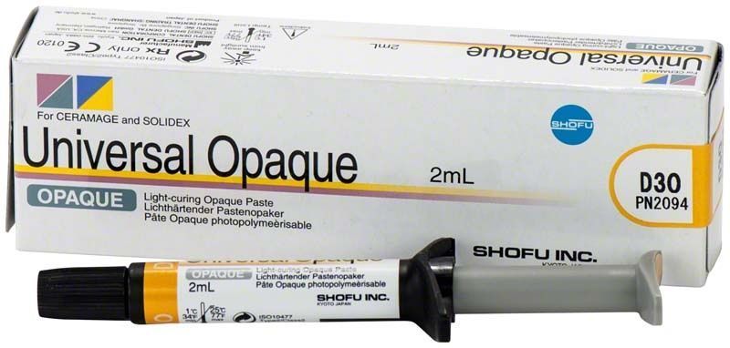 Universal Opaque D3O Zahnpaste in Spritze mit Verpackung im Hintergrund.