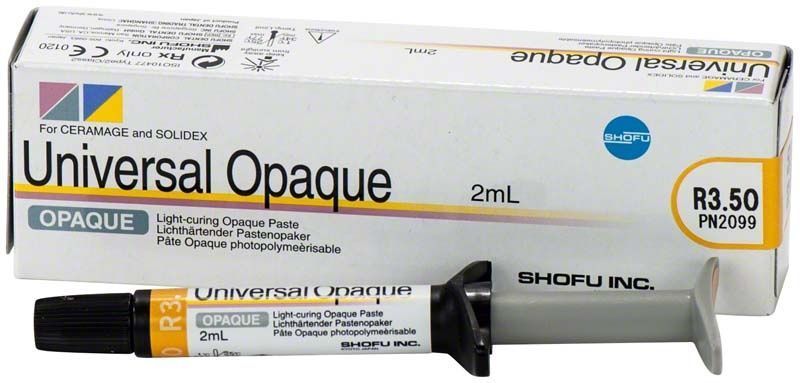 Universal Opaque R3,5O Paste in Spritze mit Verpackung im Hintergrund