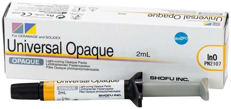 Universelle Opaque InO Paste in 2mL Spritze und Verpackung.