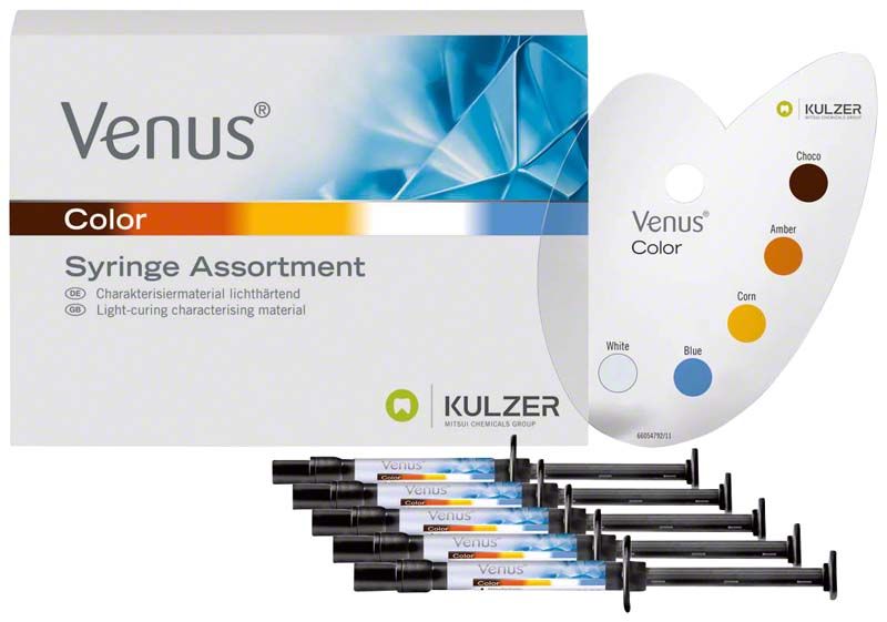 Venus Color Spritzen-Sortiment mit Farbpalette und Kulzer-Logo.