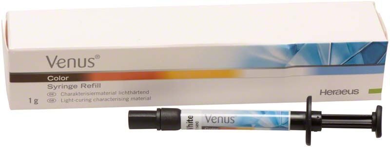 Venus® Color Spritze weiß mit Verpackung im Hintergrund.