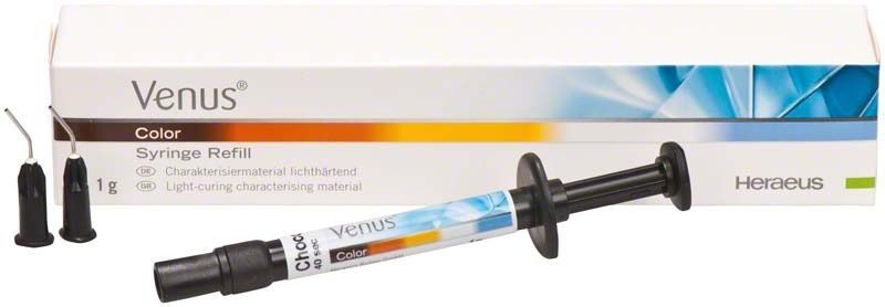 Venus Color Spritze für Zahnrestaurationen mit zwei Kanülenaufsätzen.