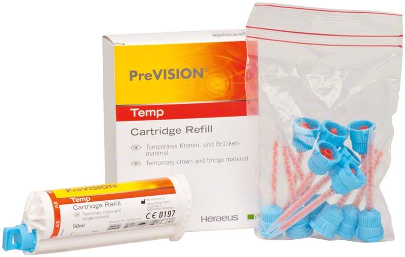 PreVISION Temp A3 Kartusche mit Mischdüsen und Verpackung.