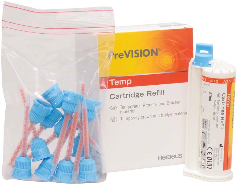 PreVISION® Temp A3,5 Kartusche mit Zubehör und Verpackung von Kulzer.