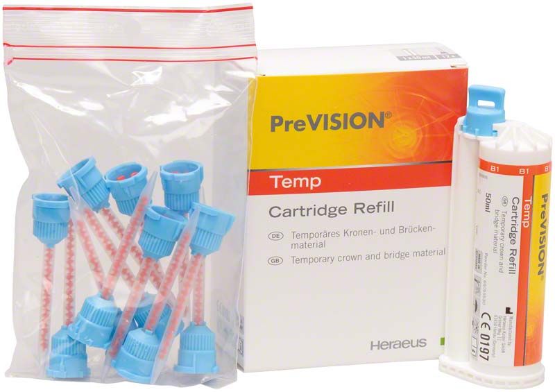 PreVISION Temp B1 Kartusche und Verpackung mit blauen Verschlusskappen.