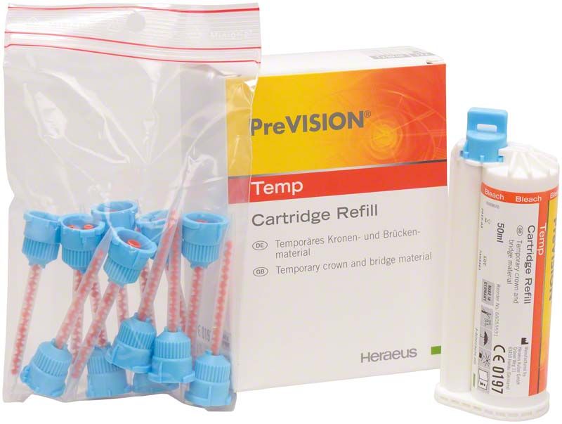 PreVISION Temp Kartusche und Nachfüllpackung für Kronen- und Brückenmaterial.