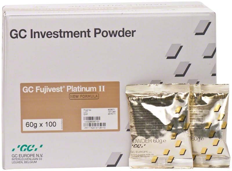 GC Fujivest® Platinum II Pulver, Verpackung mit zwei Beuteln à 60g.