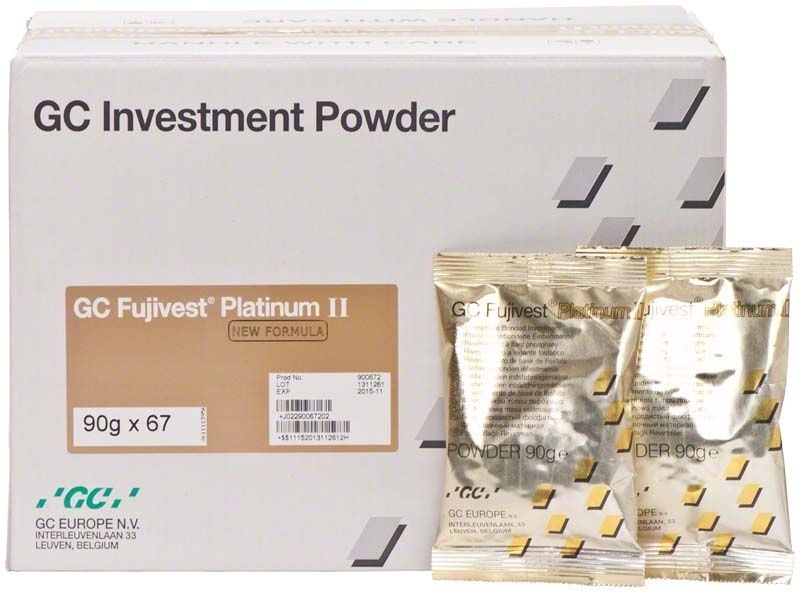 GC Fujivest® Platinum II Pulver 67 x 90g in Verpackung mit zwei Beuteln.
