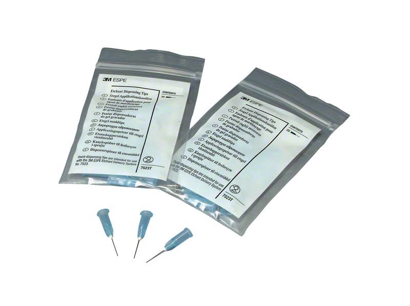 Scotchbond™ Universal Applikationskanülen mit blauen Spitzen und Verpackung.