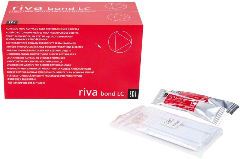 Rote Verpackung von Riva Bond LC Kapseln mit Applikatoren und Beipackzettel.