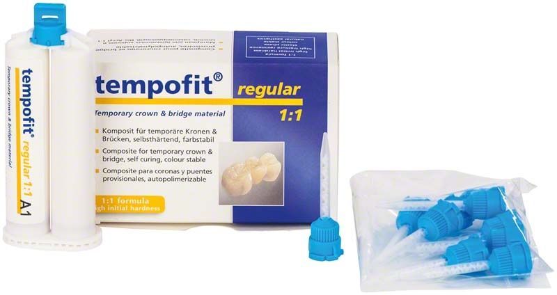 Tempofit regular Kartusche A1 mit Verpackung und Mischdüsen.