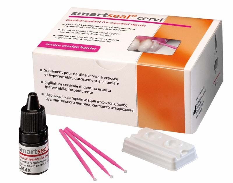 smartseal® cervi Standardpackung mit Schutzlackflasche, Pinselapplikatoren und Verpackung.