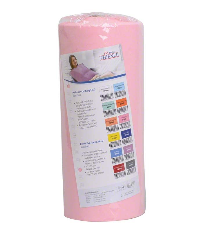 Patienten-Umhang Nr.3 in rosa, hygienische Einwegartikelrolle.