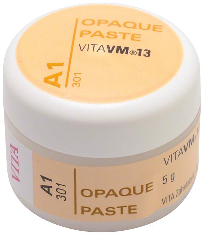 Weiße Dose mit VITA VM13 Opaque Paste A1 Etikett.