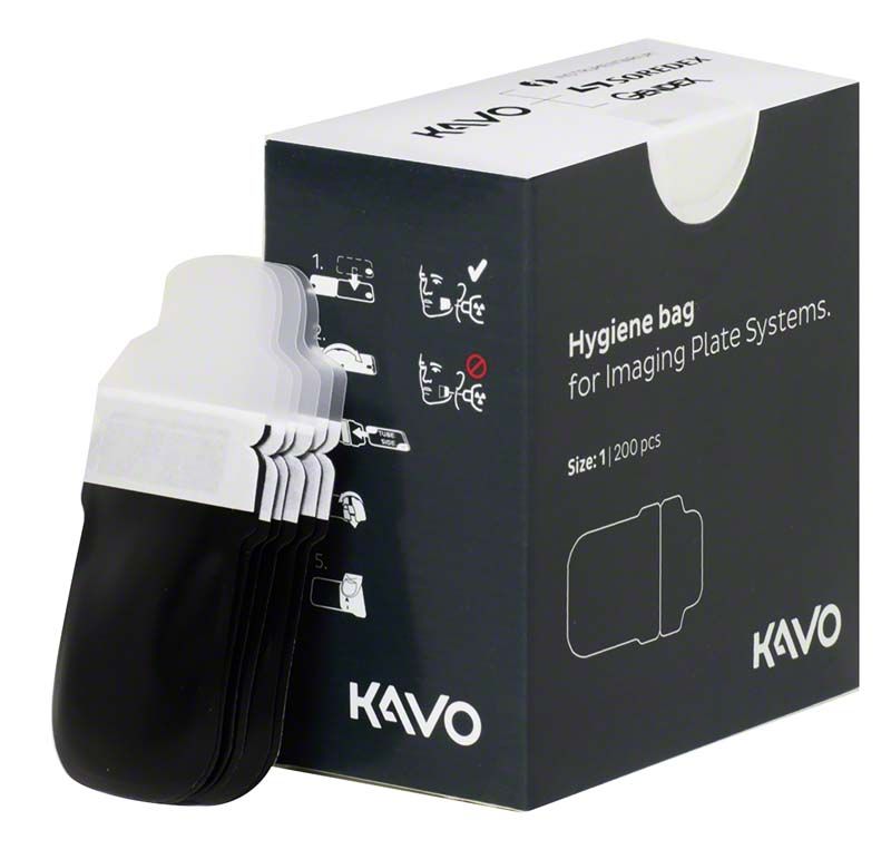 Hygieneschutzhüllen für Scan eXam™ Speicherfolien neben schwarzer Verpackung.