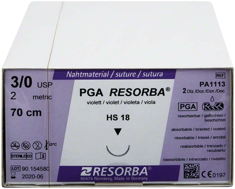 Nahtmaterial PGA-RESROBA® 3/0 HS18 in violetter Verpackung.