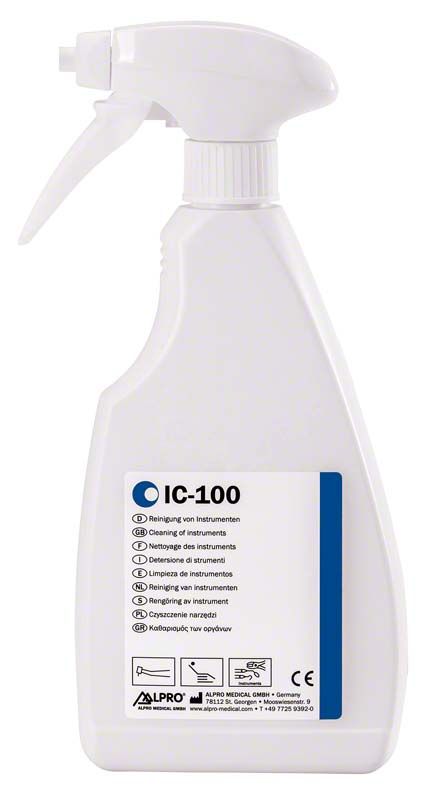 IC-100 Instrumentenreinigungsflasche 500ml mit Sprühkopf und Etikett.