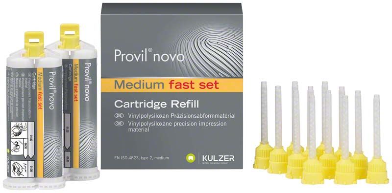 Provil novo Kartuschen medium fast Set mit Zubehör und Verpackung.
