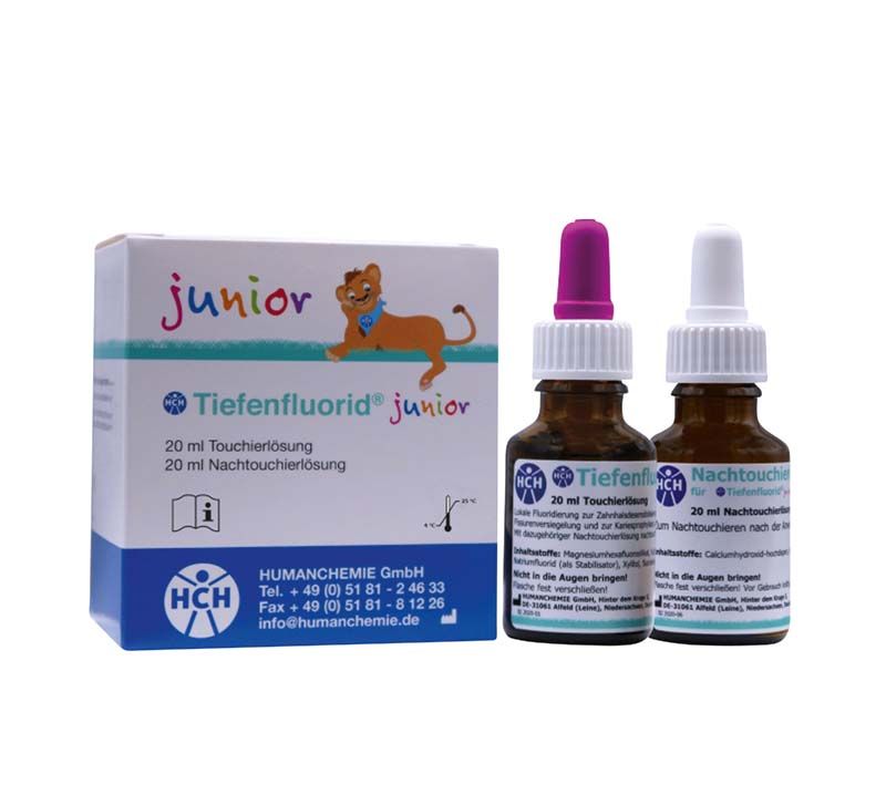 Tiefenfluorid junior Flaschen mit Kindermotiv und Verpackung.