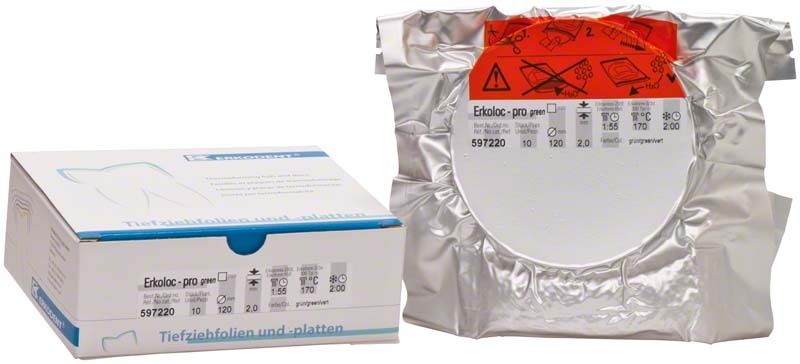 Verpackung der Erkoloc-pro green Tiefziehschiene, 10 Stück, 2,00mm x Ø 120mm.