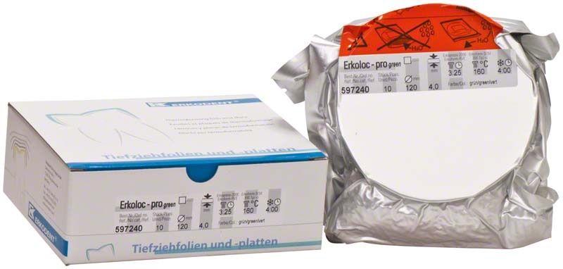 Erkoloc-pro grüne Tiefziehfolie, 4,00mm x Ø 120mm, 10 Stück, in Verpackung.