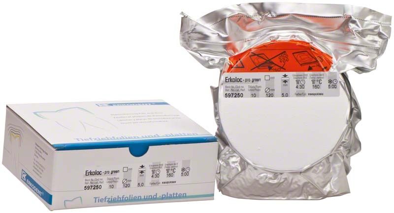 Erkoloc-pro grüne Tiefziehfolie, 10 Stück, 5,00mm x Ø 120mm in Verpackung.