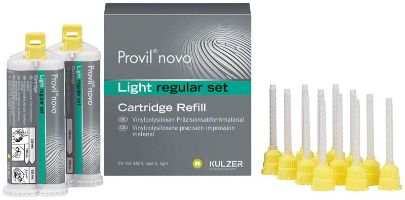 Provil novo Light Kartuschen Set mit Mischkanülen und Verpackung.