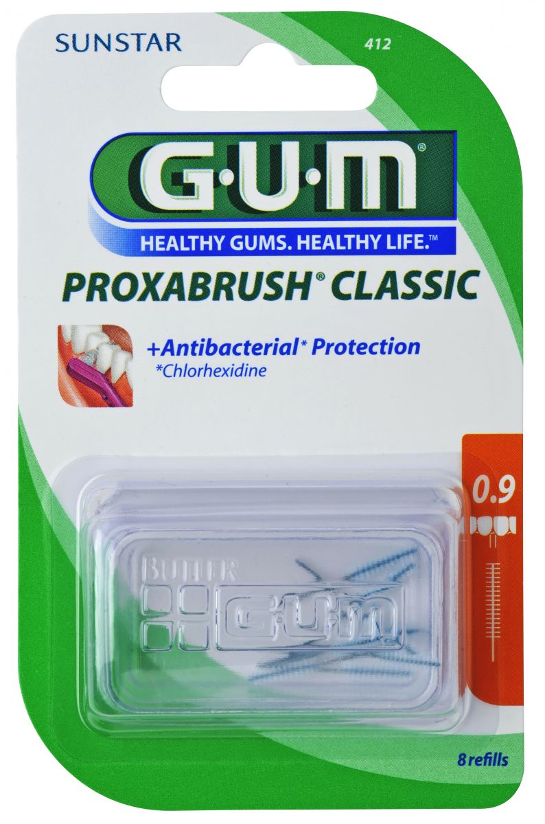 Verpackung der GUM PROXABRUSH CLASSIC Ersatzbürsten mit antibakteriellem Schutz.
