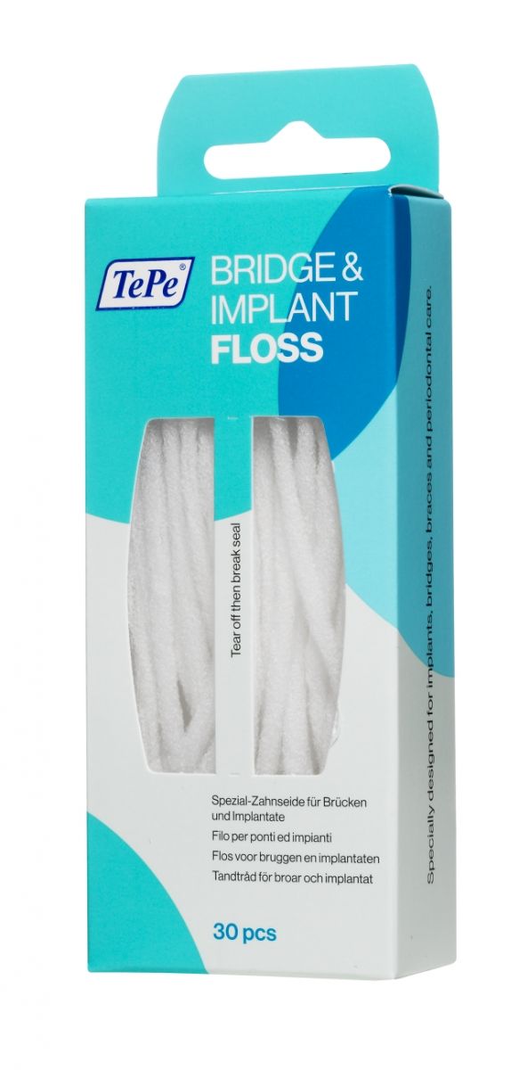 TePe Bridge & Implant Floss Verpackung mit 30 Stück Zahnseide für Brücken und Implantate