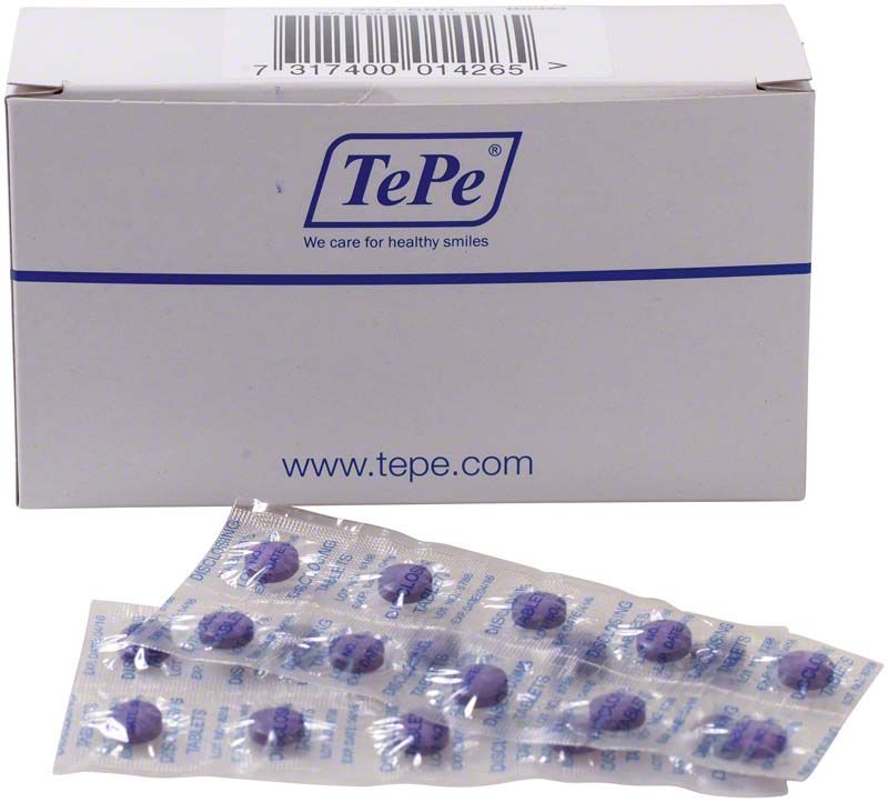 PlaqSearch Tabletten von TePe mit Verpackung im Hintergrund.