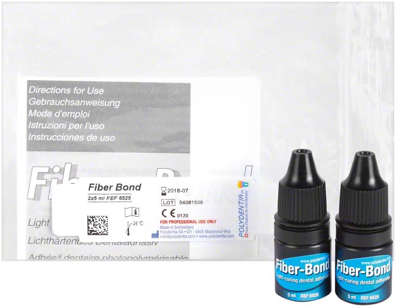 Zwei 5ml Flaschen Fiber-Bond selbsthärtendes Dental-Adhäsiv mit Verpackung.