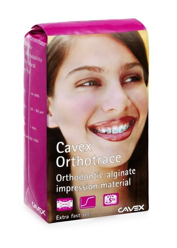 Cavex Orthotrace Alginat-Verpackung mit Abbildung einer lächelnden Frau mit Zahnspange.